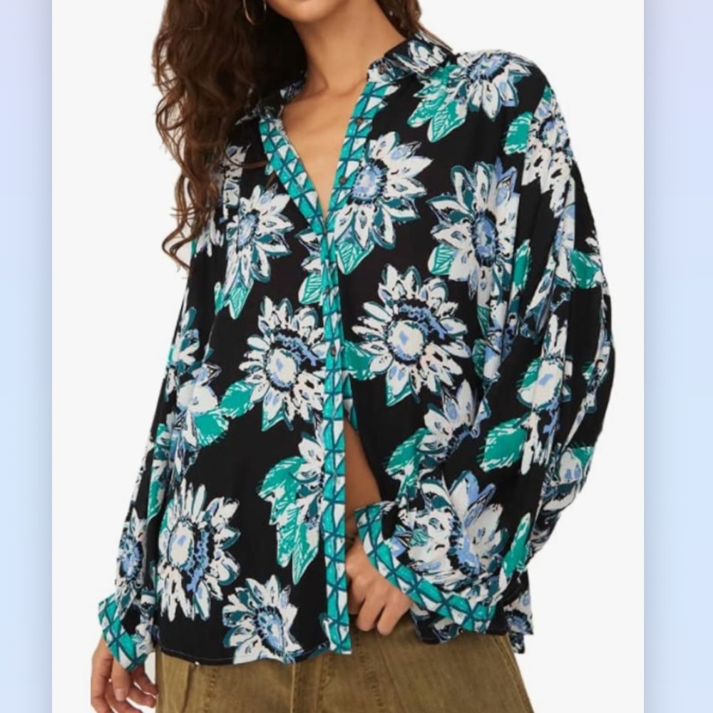 Free People Good Vibration Black Combo Floral Oversized Blouse, Size M, NWT